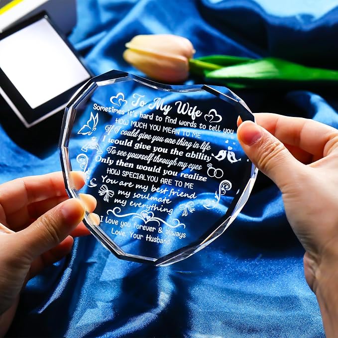 Arikyrist Romantic Gifts for Wife Heart Crystal Keepsakes to My Wife with LED Base Anniversary Birthday Gifts for Wife Her from Husband