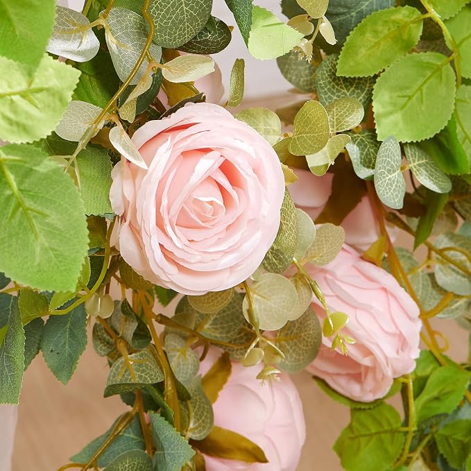 PONKING Flower Garland Artificial Rose Vine Flowers Hanging Fake Roses Vines for Wedding Birthday Party Valentines Christmas Room Wall Arch Decor, 2 Pink Floral Garland Decorations, High Realistic