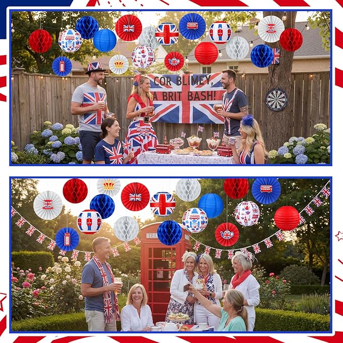 Retisee 18 Pcs British Party Decorations Britain UK England Flag Hanging Paper Lanterns Red White Blue Honeycomb Fans Honeycomb Ball for Hanging Coronation Union Jack Party Decoration