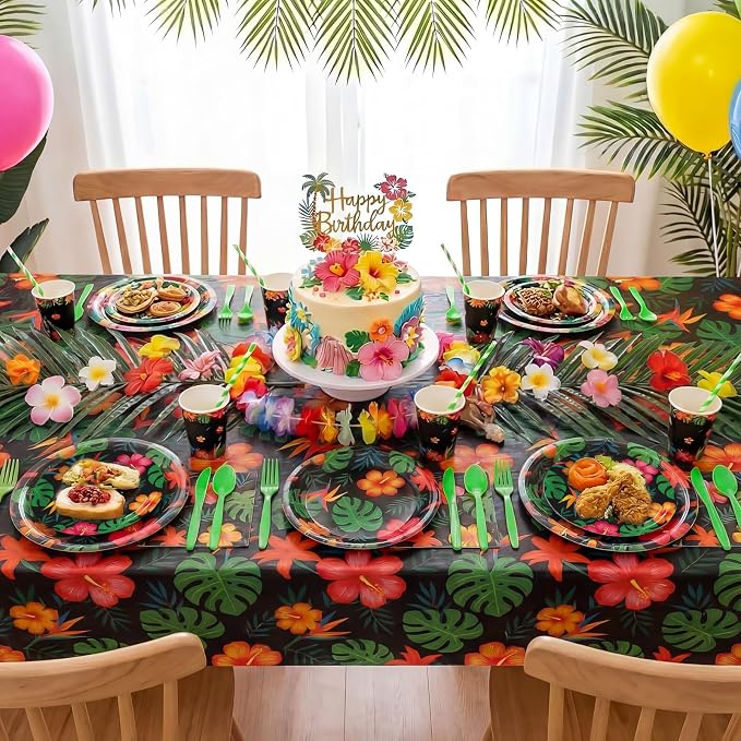 Vesici 452 Pcs Tropical Hawaiian Aloha Party Supplies Set for 50 Guests Luau Disposable Tableware 9'' 7'' Paper Plates Napkins Tablecloths 9oz Cups Cutlery for Summer Beach Pool Birthday Decorations