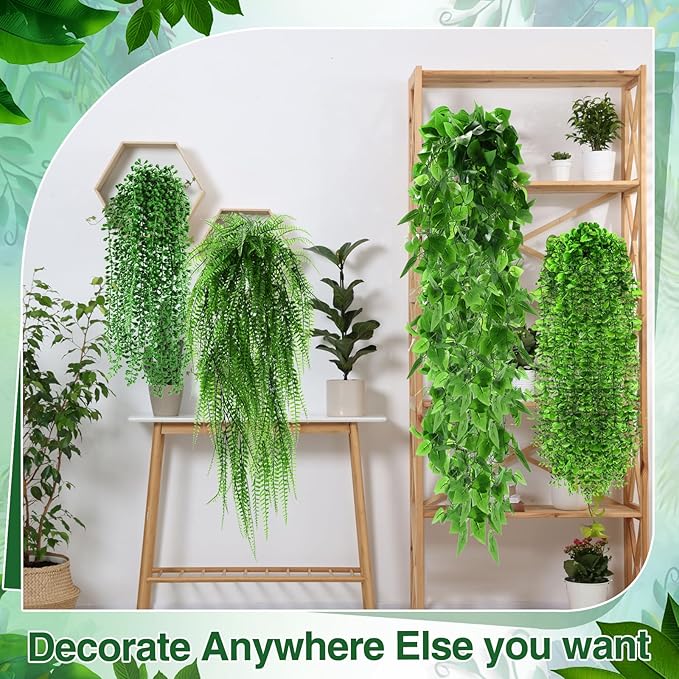 Daifunli 48 Pcs Artificial Hanging Plants Fake Hanging Ferns Plastic Fake Plants for Wall Room Garden Garland Indoor Outdoor Decor No Basket (Boston,Eucalyptus,Ivy Vine,String of Pearls)