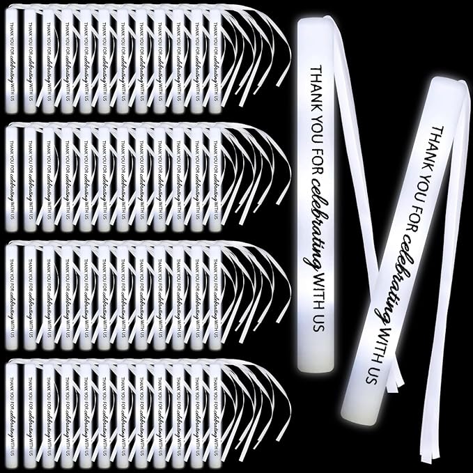 JellyArch 50 Pack Wedding Glow Sticks for Reception LED Foam Light up Sticks with Ribbon Light Stick Bulk with White Flashing for Wedding Send Off Party Favors, Dance Floor, Birthday