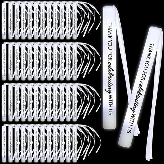 JellyArch 50 Pack Wedding Glow Sticks for Reception LED Foam Light up Sticks with Ribbon Light Stick Bulk with White Flashing for Wedding Send Off Party Favors, Dance Floor, Birthday