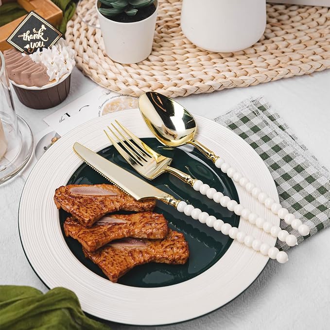 150 Pcs Gold Plastic Silverware,Gold Plastic Utensils with Ivory Beads Handle,Fancy Disposable Cutlery Set Include 50 Forks 50 Knives 50 Spoons for Party & Wedding