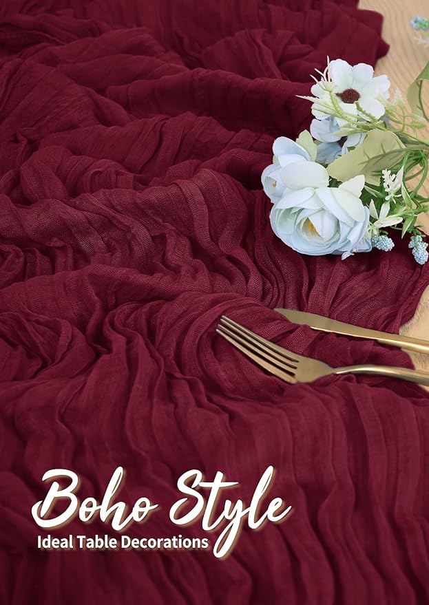 10 Pack Cheesecloth Table Runner Burgundy, Rustic Boho Gauze Fabric Table Runner Romantic Table Runner for Wedding, Festival, Birthday, Anniversary, Dinner and Outdoor Events (17.7 x 108 inch)