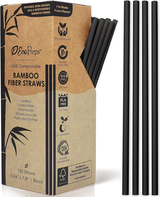 EcoPreps Black Biodegradable Bamboo Fiber Straws - 150 Count, 100% Compostable, Plastic-Free, Eco-Friendly Drinking Straw - 7.8'' Plant Fiber Disposable Straws, Compostable Black Straw For Cocktails