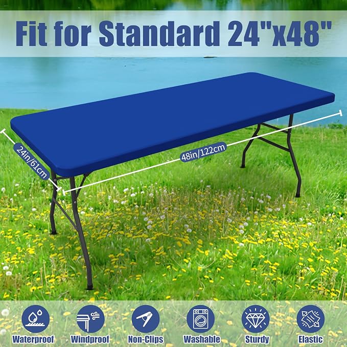 Moosfor Spandex Rectangle Table Cloth 4 Pack, Elastic Fitted Tablecloths for Picnic, Stretch Washable Patio Table Cover for Outdoor, Camping, Banquet and Parties (Blue, 24"x48")