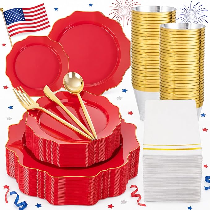 WDF 175Pcs Red Plates - Red Plastic Plates with Gold Rim - Fancy Disposable Dinnerware Sets Ideal for Party/Wedding/Spring/4th of July/Memorial Day