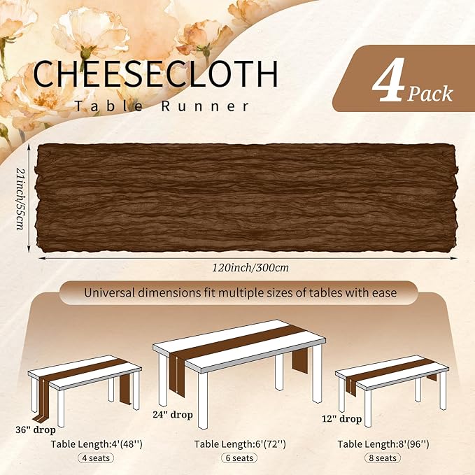 4 Pack Cheesecloth Table Runner 10FT Brown Table Runner Boho Gauze Cheese Cloth Table Runners Long Rustic Sheer Table Decorations for Wedding Party Baby Bridal Shower Birthday Holiday Home