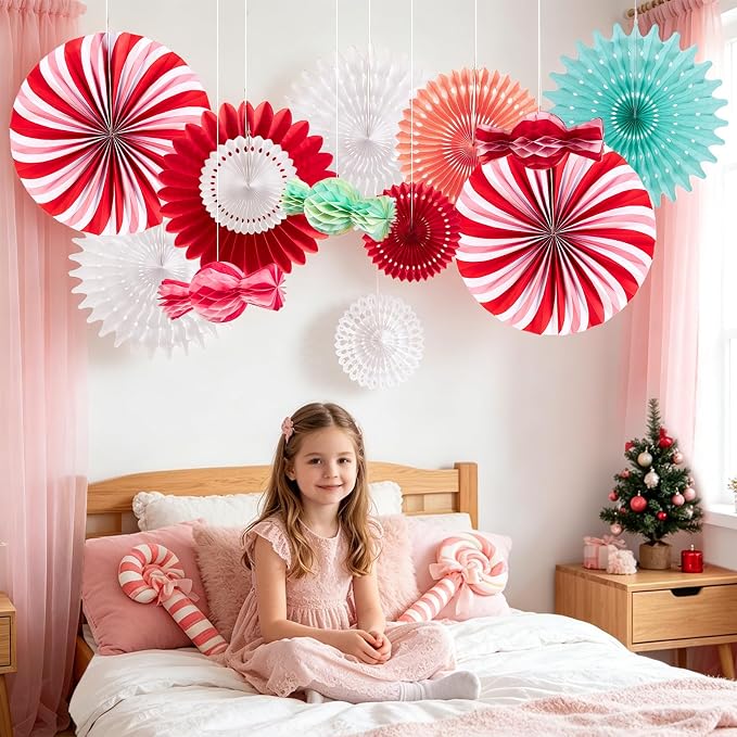PAPER JAZZ 12pcs Candy Paper Fans Christmas Decoration,Candy Honeycomb Christmas Decorations,White and Red Xmas Decoration Wall/Ceiling for Classroom,Bulletin Board,Winterwonderland,Office Decor.