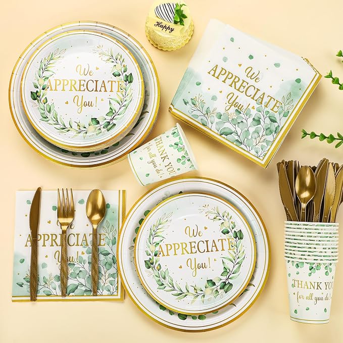 Yungyan 252 Pcs Sage Green Thank You Party Tableware Set Thank You for All You Do We Appreciate You Plates Napkins Cups Cutlery for Employee Teacher Graduation Appreciation Party 36 Guests