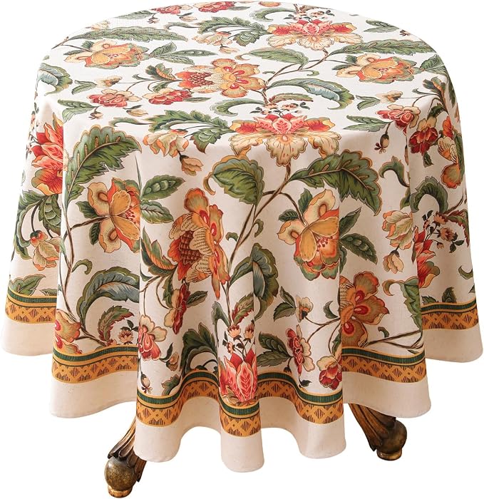 patdrea Vintage French Linen Tablecloth,Round,Diameter 55"-Santiago A | Elegant Print Table Cloth for Round Table,Colorful Floral Patterned,for Dining Room Tea Party Vender Banquet