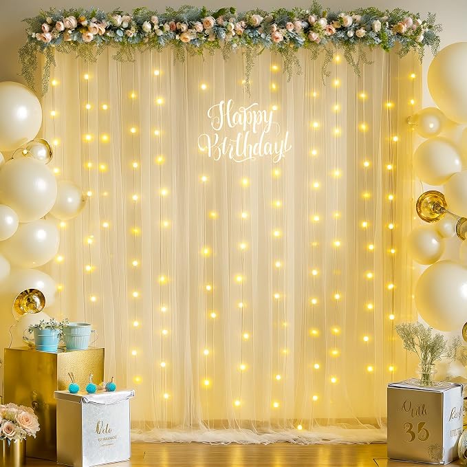 4 Panels Champagne Sheer Tulle Backdrop Curtains with Lights String for Party Wedding Wrinkle Free Curtain Backdrops Drapes for Baby Shower Bridal Shower Photo Background Home Decorations 20ft x 8ft