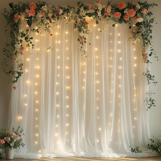 White Tulle Backdrop Curtain with Lights - 10x10ft Sheer Backdrop with 300 LEDs for Wedding, Baby Shower, Bridal Shower, Birthday Party Photo Shoot Background and Home Decorations