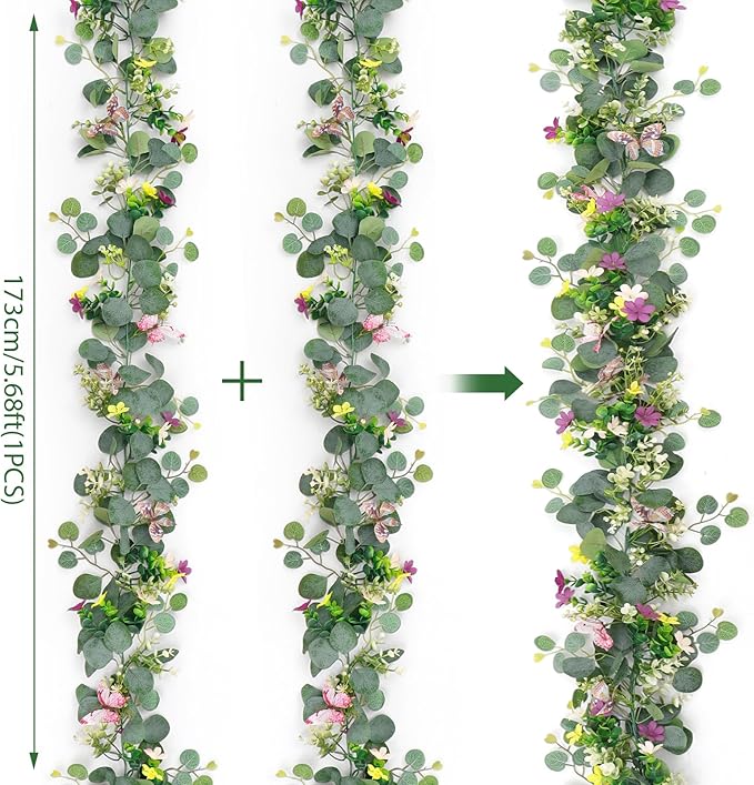 4PCS Artificial Daisy Garland with 3D Butterfly 5.68FT Fake Wildflower Garland Spring Flowers Garlands Greenery Eucalyptus Floral Vines for Home Table Mantle Wedding Backdrop Decor
