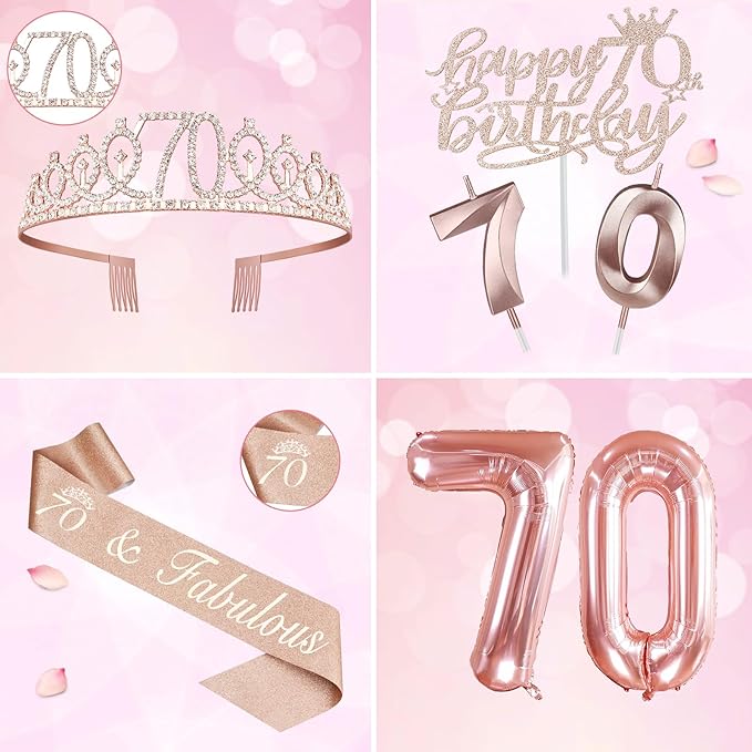 70th Birthday Decorations for Women, Including 70th Birthday Sash and Tiara, Cake Topper and Candles, Number Balloons, 70 Year Old Gifts Women
