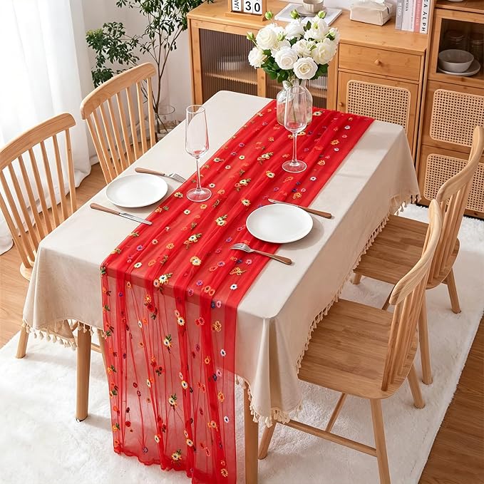 BINBE 1pcs Daisy Spring Table Runner Embroidery Gauze 10FT Florals Seasonal Tulle Holiday Birthday Kitchen Dining Table Decor for Home Party Red