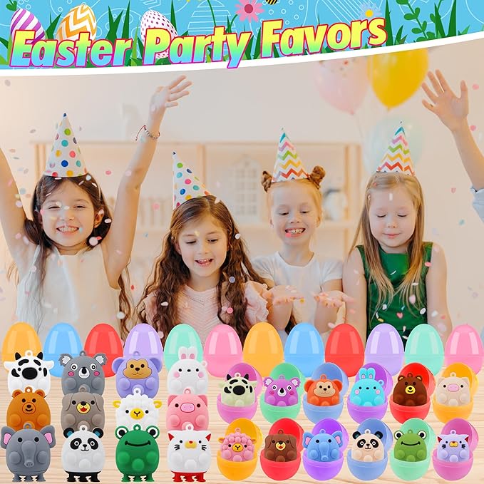 24 Pack Prefilled Easter Eggs with Animal Pop Toys, Filled Easter Eggs for Egg Hunt, Easter Basket Stuffers for Kids,Easter Party Favors Prizes, Prefilled Easter Egg with Toys