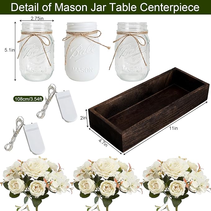 White Mason Jar Centerpiece for Table Kitchen Table Decor with Light | 3 Piece Farmhouse Coffee Table Decor with Fake Flowers Wood Tray for Living Dining Room Bathroom Wedding Outdoor Decoration