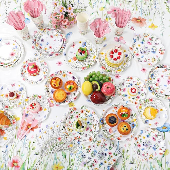 Ceenna 390 Pcs Wildflower Party Supplies for 48, Spring Floral Paper Plates Napkins Cups Tablecloth Cutlery Disposable Tableware Set for Tea Party Baby Shower Birthday Wedding Mother's Day Decoration
