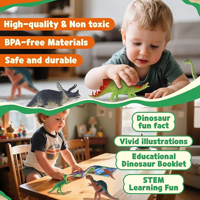 Zippytots Dinosaur Toys for Kids 3-5-7-14 Realistic Plastic Dinosaur Figures with Metal Storage Box & Learning Booklet - Educational Dino Figure Toys for Boys Girls Toddlers