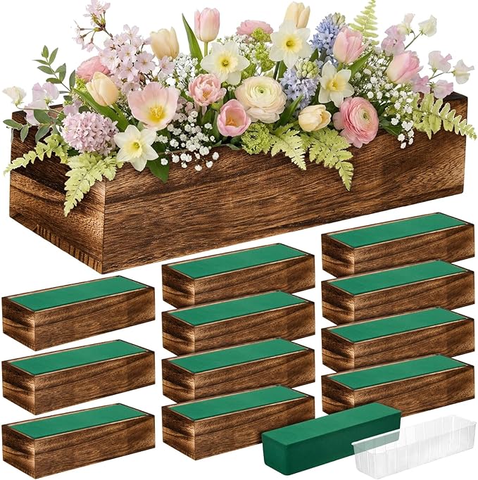 Dandat 12 Set Wood Boxes for Centerpieces 12x4 Inch Rectangle Wooden Planter Box Rustic Wood Planter with Removable Plastic Liner Floral Foam Blocks for Centerpieces Home Wedding Garden Decor
