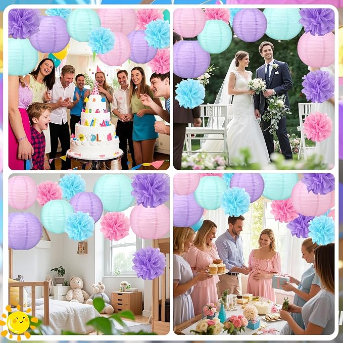 18pcs Blue Paper Lanterns Decoration Purple Blue White Hanging Décor Pom Poms Paper Flower Party Supply for Baby Shower Wedding Valentine Birthday Party