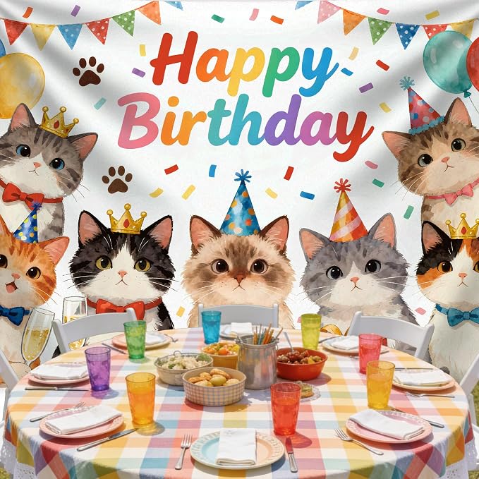 7x5 Ft Happy Birthday Backdrop Cat Birthday Party Decorations Kitten Birthday Photo Backdrop Photography Background Pet Paw Birthday Party Supplies