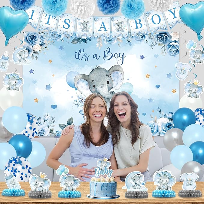 Elephant Baby Shower Decorations for Boy, Blue Baby boy Shower Decorations Kit with It's a Boy Backdrop Banner, Cake Toppers, Hanging Swirls, Centerpieces, Balloons and Pompoms Birthday Elephant Decor