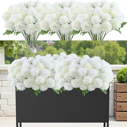 12 Bundle Artificial Mums Flowers for Outdoor Spring Decoration,Faux Ball Chrysanthemums Bouquet Fake Silk Flower for Vase Easter Table Floral Arrangement Wedding Home Decor(12, Cream White)