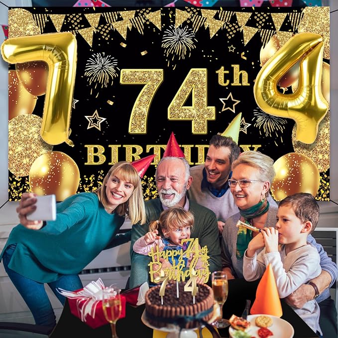 74th Birthday Decorations Men Women with 74th Birthday Banner, Black and Gold Table Cloth, Number Balloons, Large Sash, Cake Topper and Candles