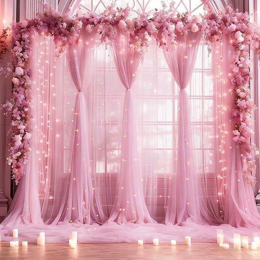 30×10ft Pink Tulle Backdrop Curtain with Lights String for Parties, Sheer Photo Backdrop Curtains for Wedding Party Photography Background