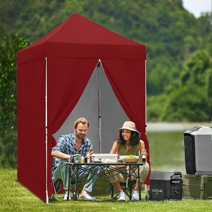 5x5 Pop Up Canopy Tent with Four Sidewalls, Instant Portable Beach Canopy, Outdoor Tent with Carry Bag for Camping, Sports, Tailgating, Events, Burgundy