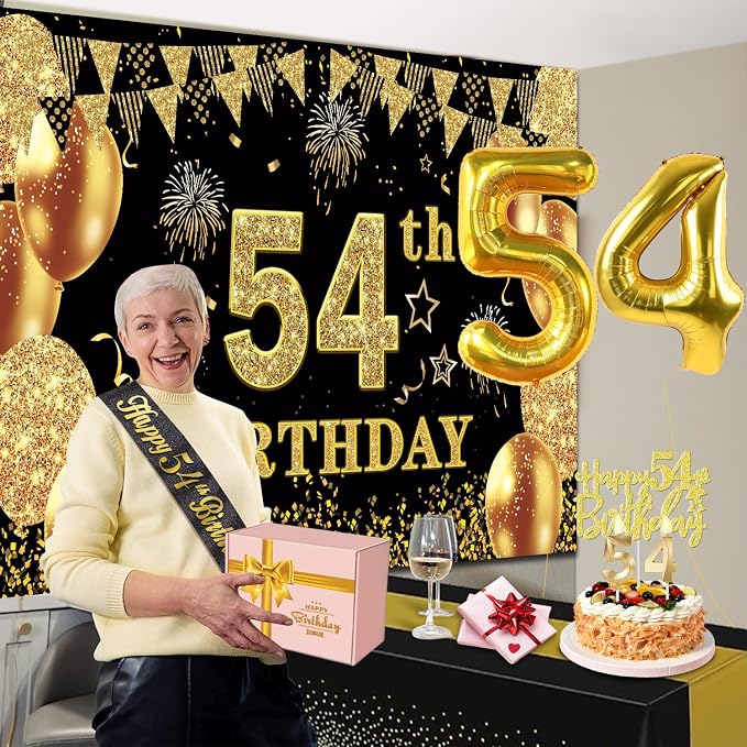 54th Birthday Decorations Men Women with 54th Birthday Banner, Black and Gold Table Cloth, Number Balloons, Large Sash, Cake Topper and Candles