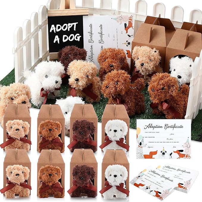 Blueweenly 84 Pcs Adopt a Pet Party Supplies 24 Mini Animals 10 White Plastic Fence 24 Paper Gift Boxes 24 Adoption Cards with Mini Chalkboard and Artificial Lawn(Puppy)