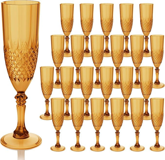 Plastic Champagne Flutes, Champagne Glasses Bulk, Reusable Unbreakable Acrylic Wine Glasses Goblets for Weddings Bachelor Parties Toasting Bridal Shower (24,Amber)