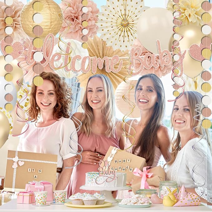 Champagne-Gold Baby Shower Decorations For Girl,65pcs Beige Fall Boho Party Décor with Netural Balloon,Welcome Banner,Sweet Peach Paper Fan Lanterns Pom Poms,Baby-Girl Party Favors Rustic Backdrop