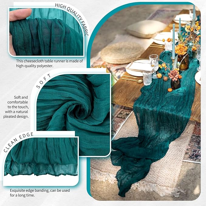 10 Pack Teal Cheesecloth Table Runner 10FT Boho Gauze Cheese Cloth Table Runners Romantic Rustic Sheer Table Decorations for Wedding Party Baby Shower Birthday Holiday Home