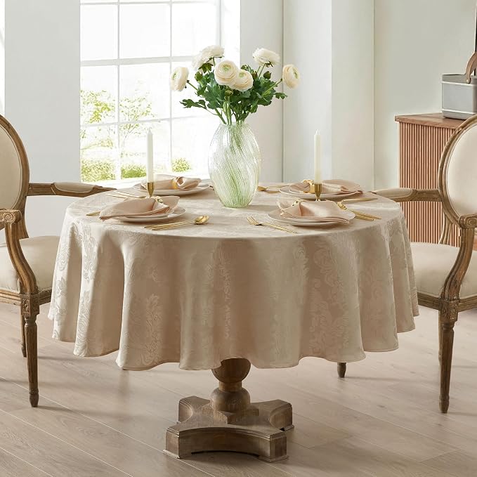 Newbridge Barcelona Luxury Damask Fabric Tablecloth, 90” Round, Golden Beige, 100% Polyester, No Iron, Soil Resistant Dining Room, Party and Banquet Table Cover