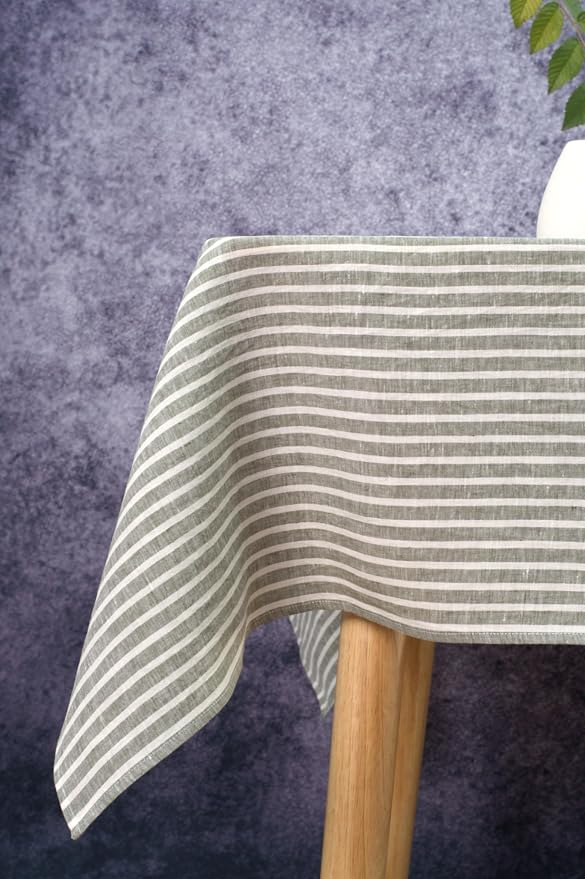 Linen Tablecloth- 60x108 Inch Stripe Pure Linen Green and White Table Cloth for Rectangle Tables, for Winter, Fall, Thanksgiving, Christmas, Easter, Machine Washable