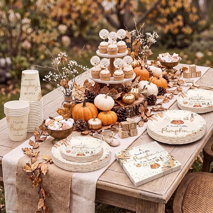 168 Pcs Fall Baby Shower Decorations Pumpkin Cloth Party Supplies A Sweet Little Pumpkin Is on the Way Tableware Set Disposable Paper Plates Cups Utensils for Baby Shower Party Serve 24