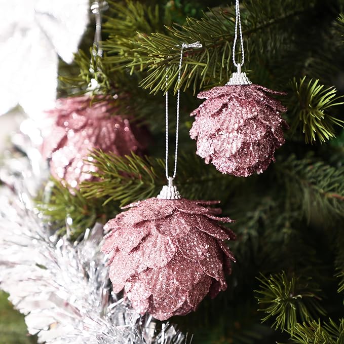 Sratte 8 Pcs Valentine Ball Ornaments Artificial Pinecone Hanging Ornaments Glitter Winter Faux Flower for Xmas Decor, 3.15/2.36 Inch(Rose Gold)