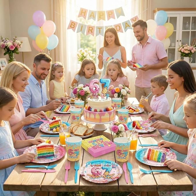 152PCS 6 7 Meme Birthday Party Supplies,I Was 6 Now I'm 7 Birthday Decorations Tabware Set,Include Plates Napkins Cups,Knife, Fork,Boys Girls 6th 7th Birthday Party Decor,Serves 20 ﻿