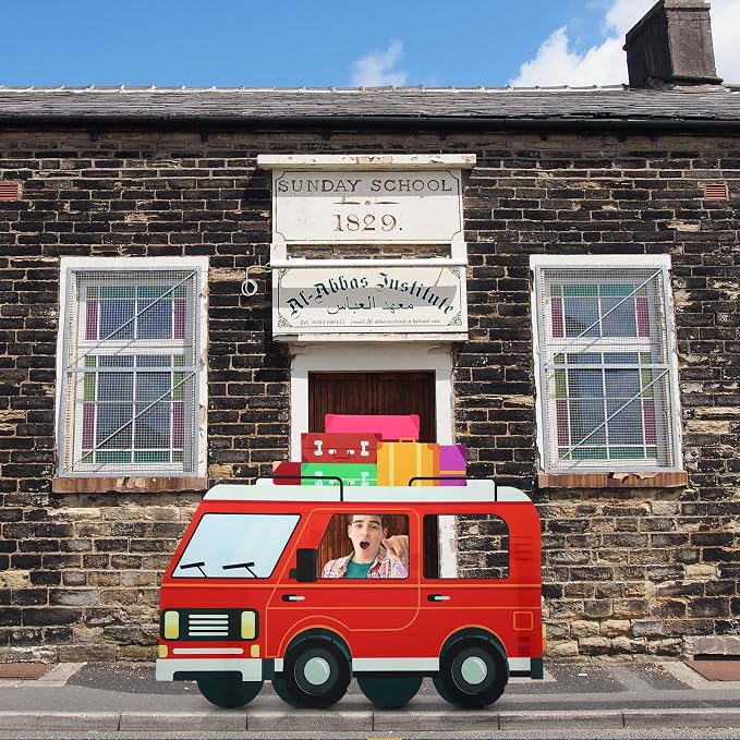 Amyhill 4.7 Feet on the Road VBS Red Van Cardboard Cutout Stand up Life Size Sunday School Backdrop Decor Christian Road Trip Party Decoration Photo Props Standup for Religious Church VBS Party Decor