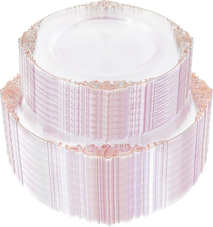 102PCS Rose Gold Plastic Plates - Clear Rose Gold Plate - Heavy Duty Disposable Plates - Fancy Disposable Dinner & Dessert Plate for 51 Guests for Party & Wedding