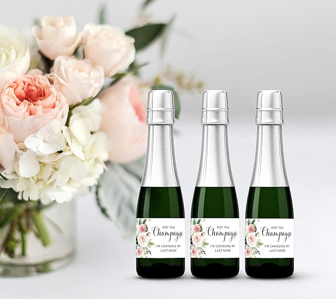 POP The Champagne I’m Changing My Last Name Labels ● Set of 12 ● Bachelorette Party Bridal Shower Bride Squad Mini Champagne Bottle Labels Wine Label Alternative to Cards Shirts (Blush Floral)