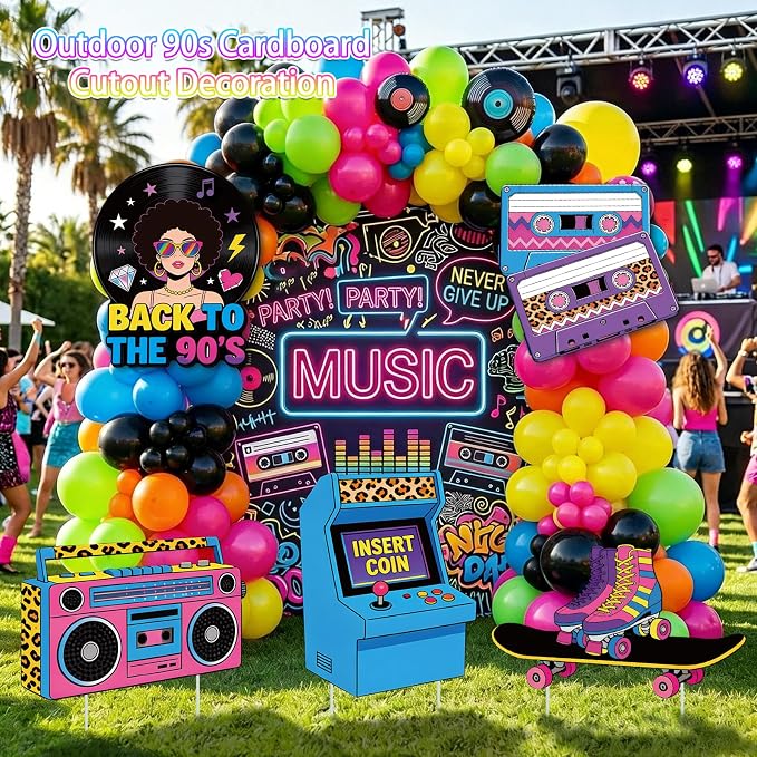 5Pcs 90s Party Decorations, Large Retro Theme Cardboard Cutouts Arcade Game Machine Boombox Vintage 90s Yard Sign for Neon Hip Hop Music Birthday Indoor Outdoor Photo Props Booth Backdrop
