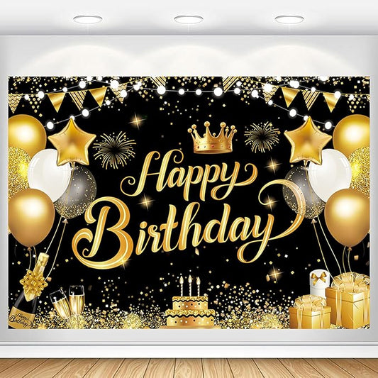Happy Birthday Backdrop for Men Black and Gold Birthday Banner Decorations for Women Boys Party Background Supplies Glitter Indoor Outdoor Decor Photo Booth Props Polyester Fabric 10x8ft