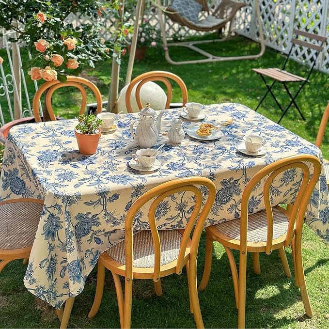 Outdoor Square Tablecloth 70 x 70 Inch, Blue Floral Spillproof Table Cloth, Thick Fabric Dining Table Cover for Outdoor, Easter, Picnic, Farmhouse, Wedding, Spring Summer - Blue Flower