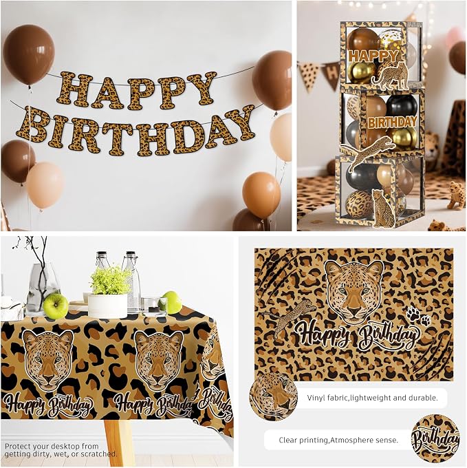 224 Pcs Cheetah Print Birthday Decorations,Cheetah Birthday Balloons Cake Plates and Napkins Set Decorations Leopard Print Backdrop Decorations for Party